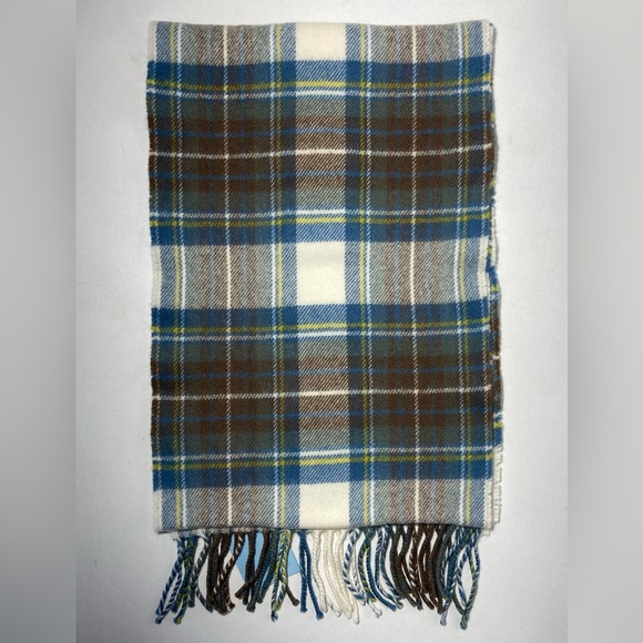 NWT Lambswool Plaid Scarf Made in Scotland Blue Ecru Tan Royal Heritage Stewart - Picture 7 of 13